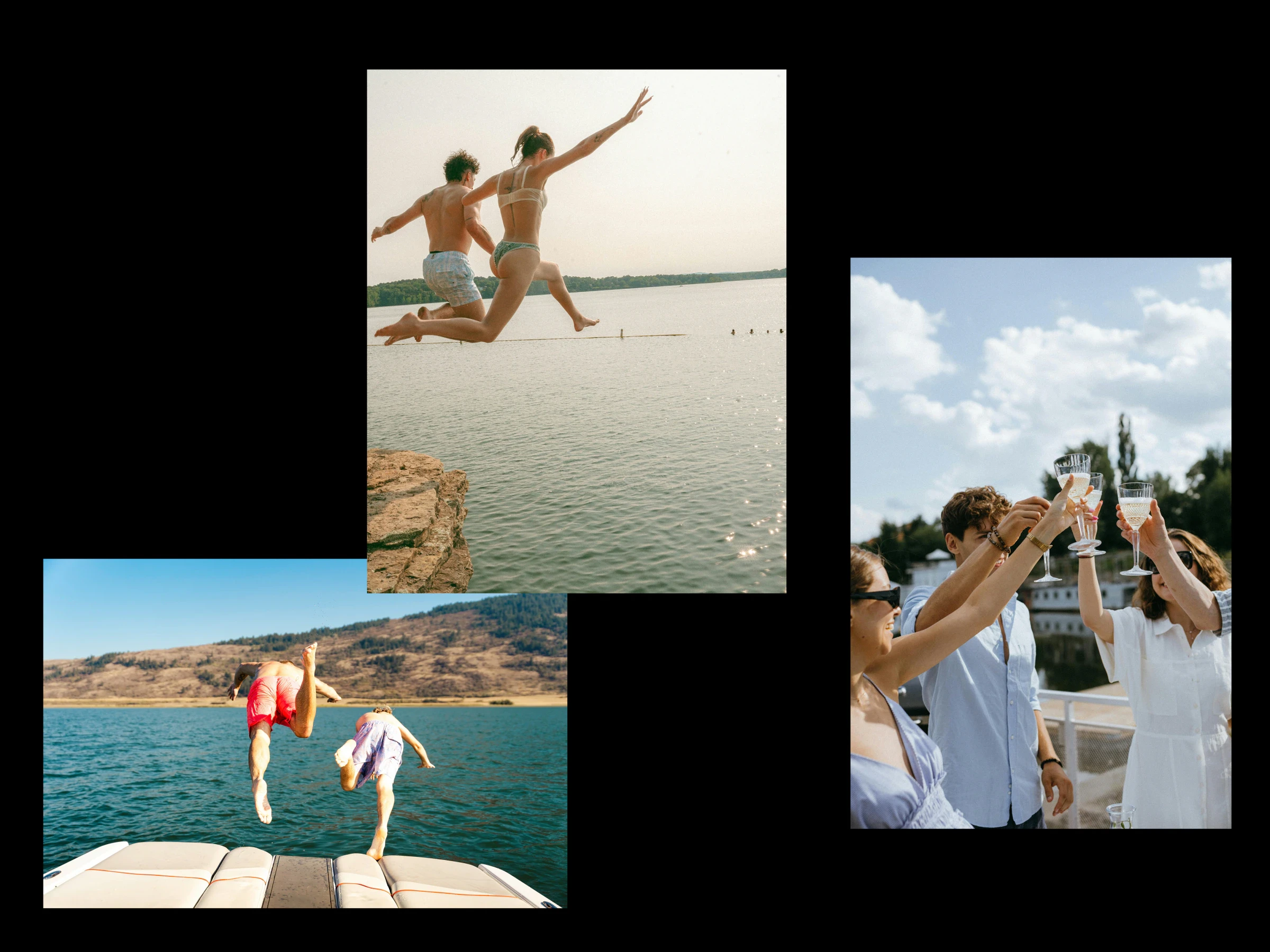 Moodboard: friends diving off a boat into the sea and raising glasses on deck