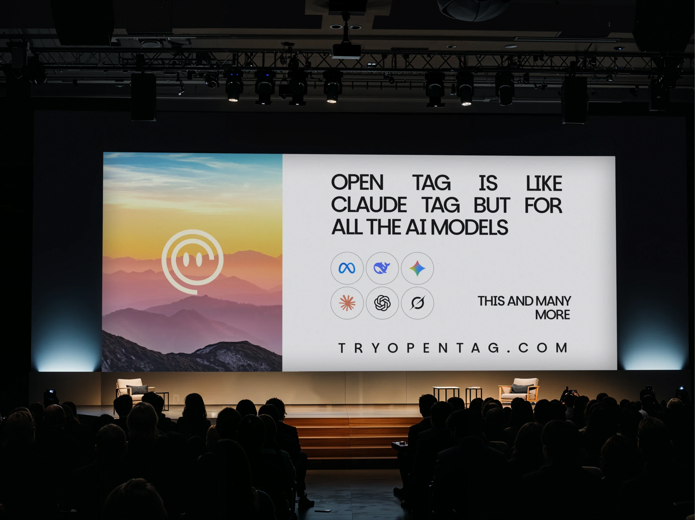 Opentag keynote slide on stage: Open Tag is like Claude Tag but for all the AI models
