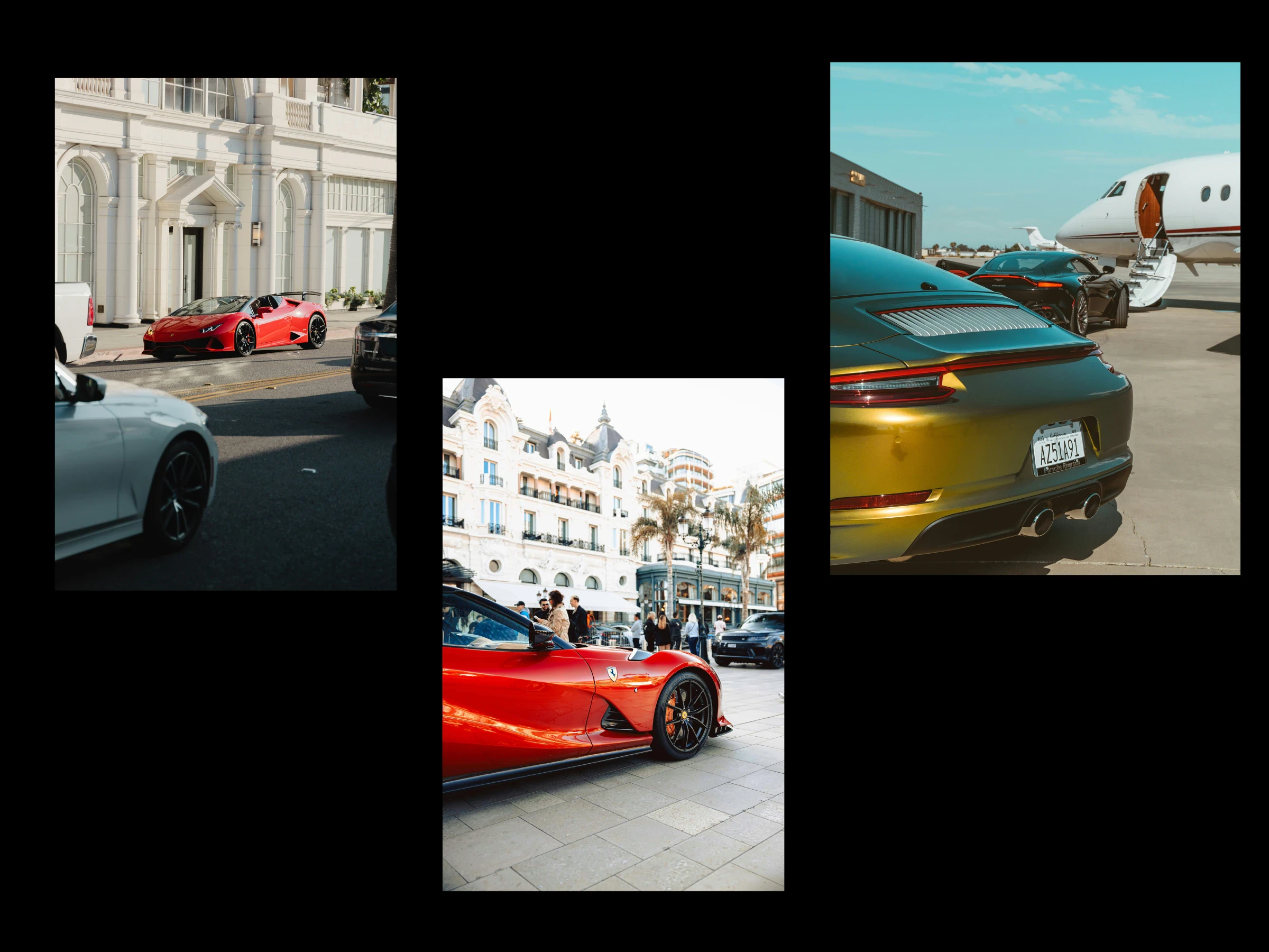 Moodboard: supercars outside grand hotels and a private jet on the tarmac