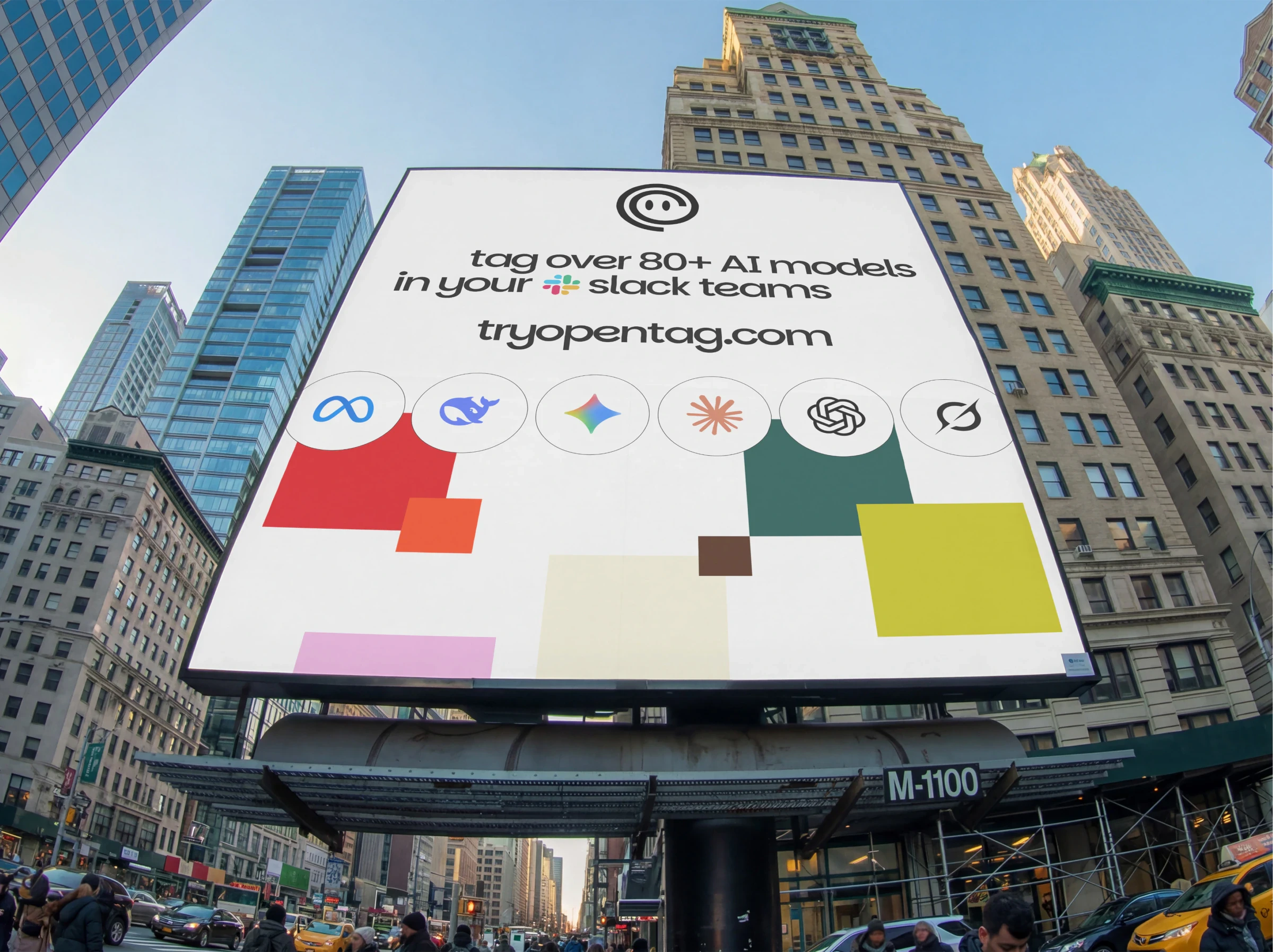 Opentag billboard above a city street: tag over 80+ AI models in your Slack teams