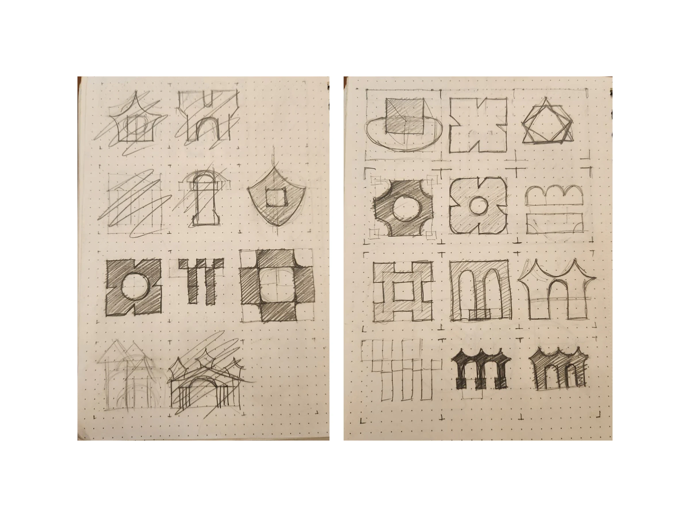 Pencil sketches exploring fortress, tower and shield shapes for the mark