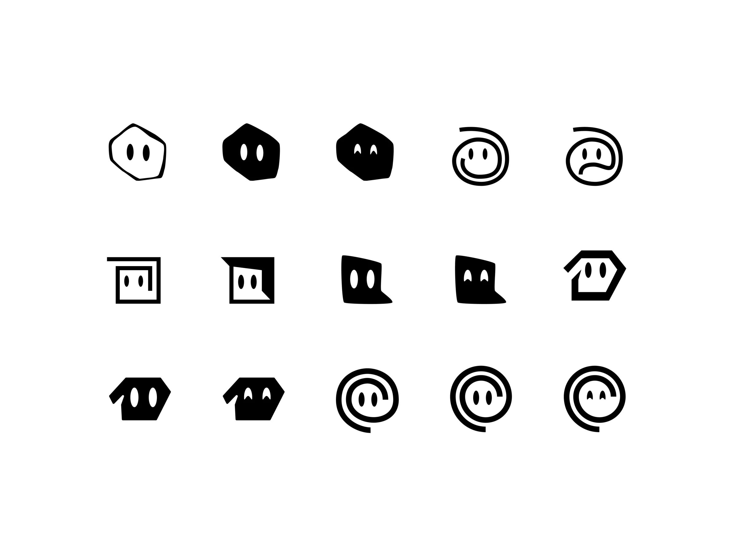 Logo exploration: fifteen sketches of faces, houses and spirals leading to the final mark