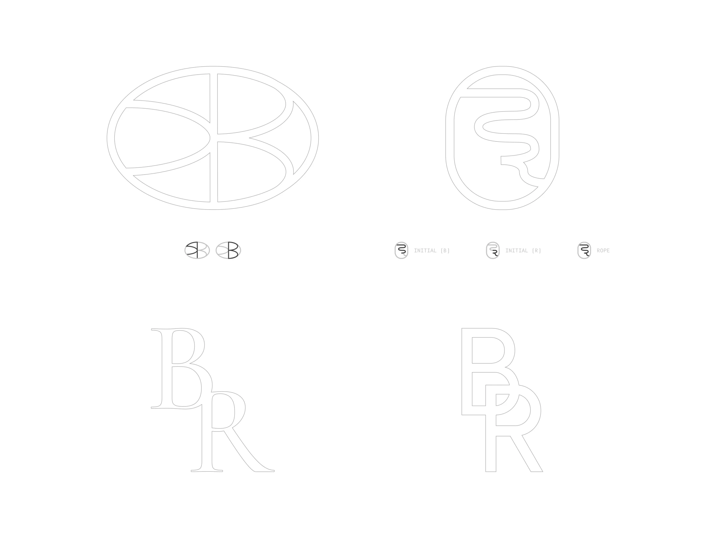 The four marks in outline: the seal, the rope, the serif monogram and the geometric monogram