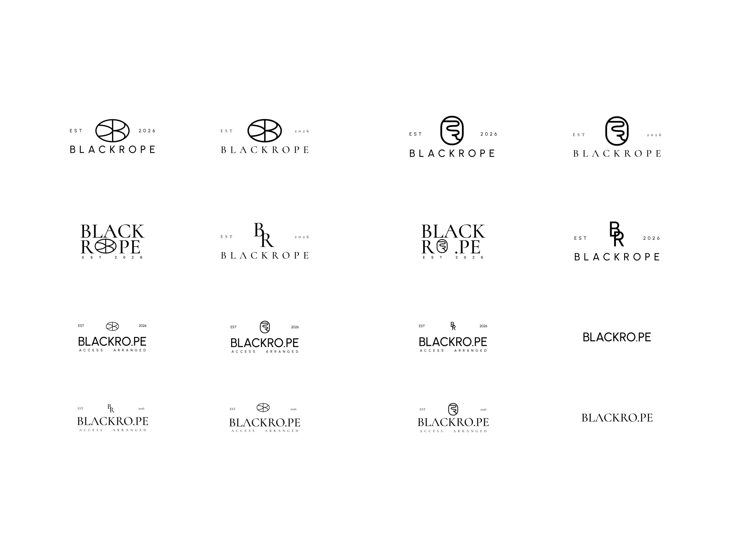 Sixteen lockups of the four marks with the Blackrope and BLACKRO.PE wordmarks
