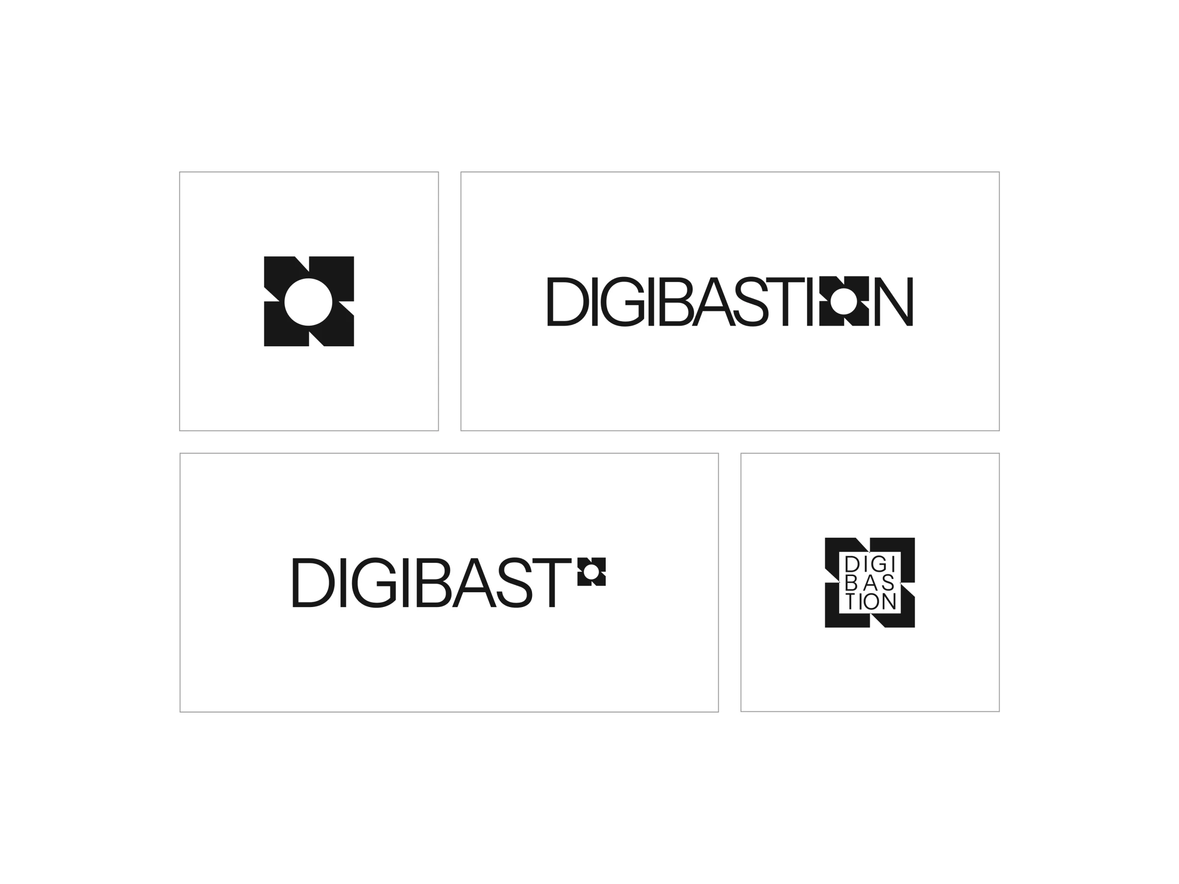 Logo lockups: the mark alone, the wordmark, a compact wordmark and a stacked version