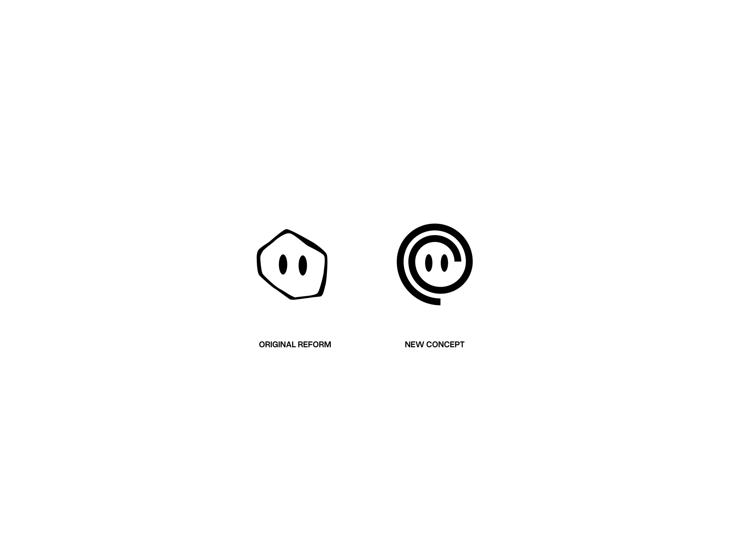 The original mark next to the new concept, a smiling spiral