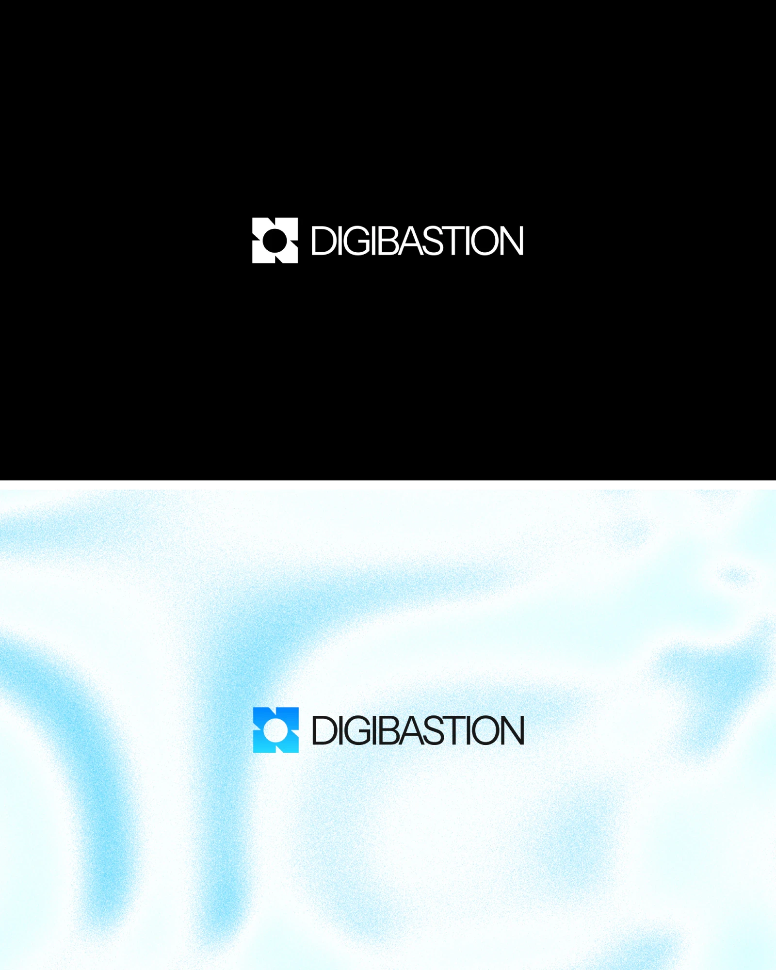 The Digibastion logo on black and on the liquid blue gradient