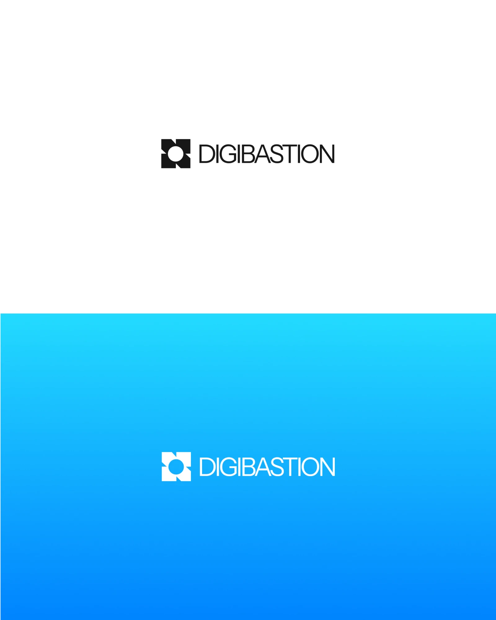 The Digibastion logo on white and on a blue gradient