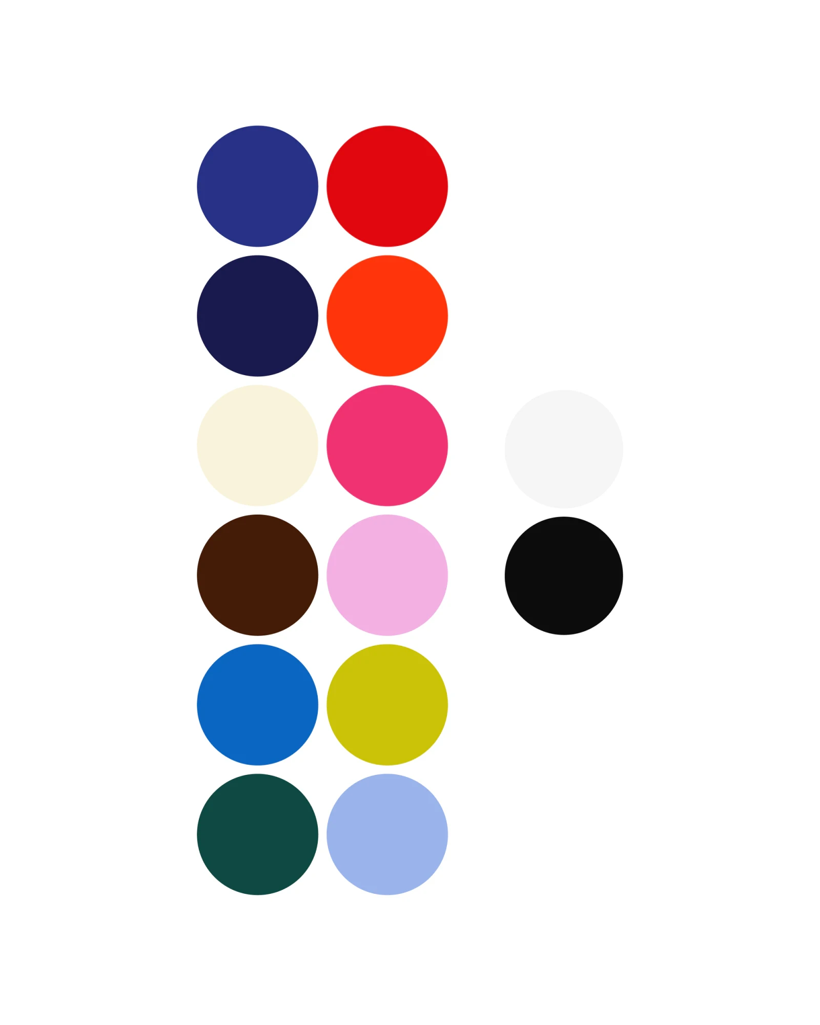 Opentag colour palette: navy, red, cream, brown, pink, blue, yellow, dark green and lavender