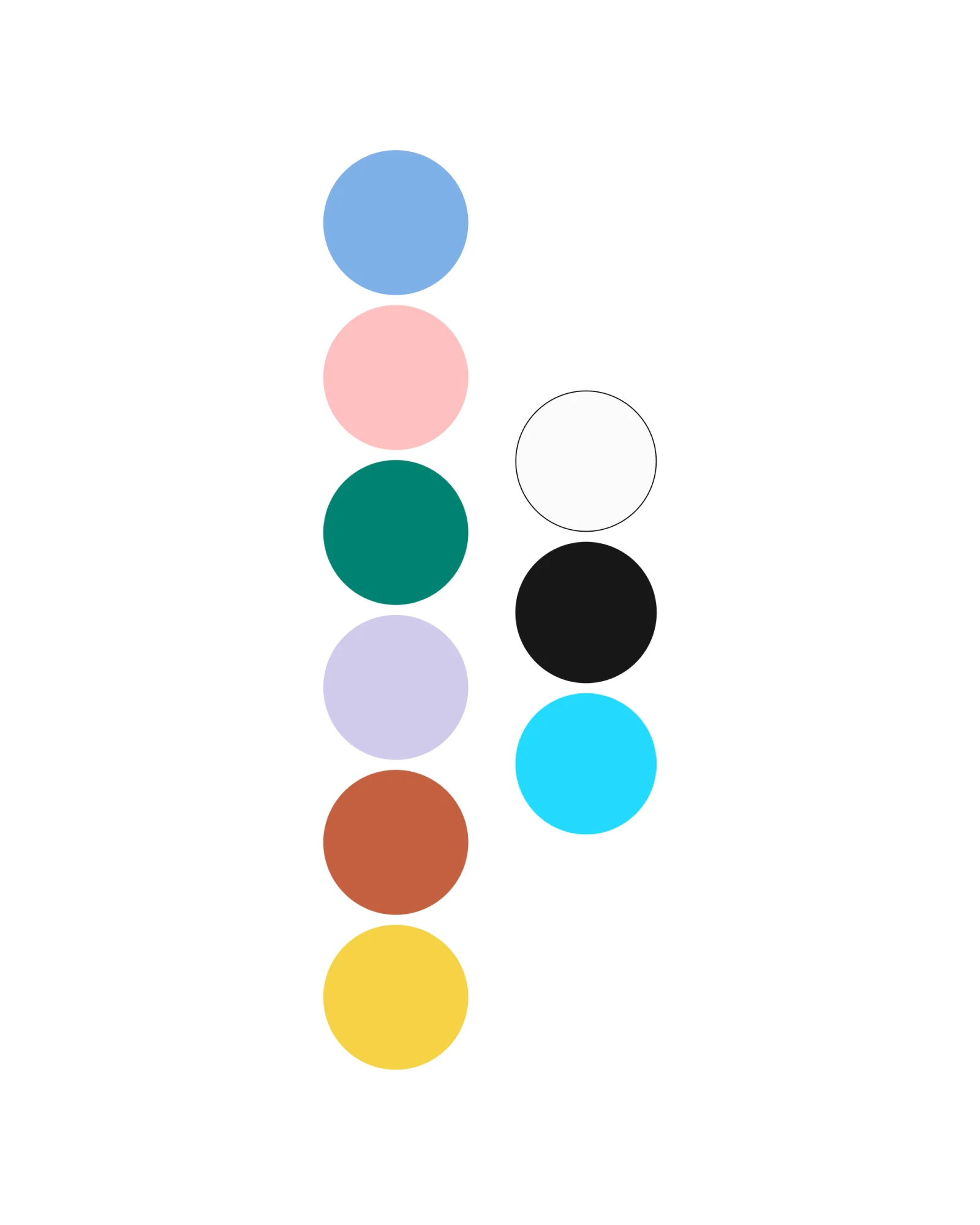 Digibastion colour palette: sky blue, pink, green, lavender, rust, yellow, white, black and cyan