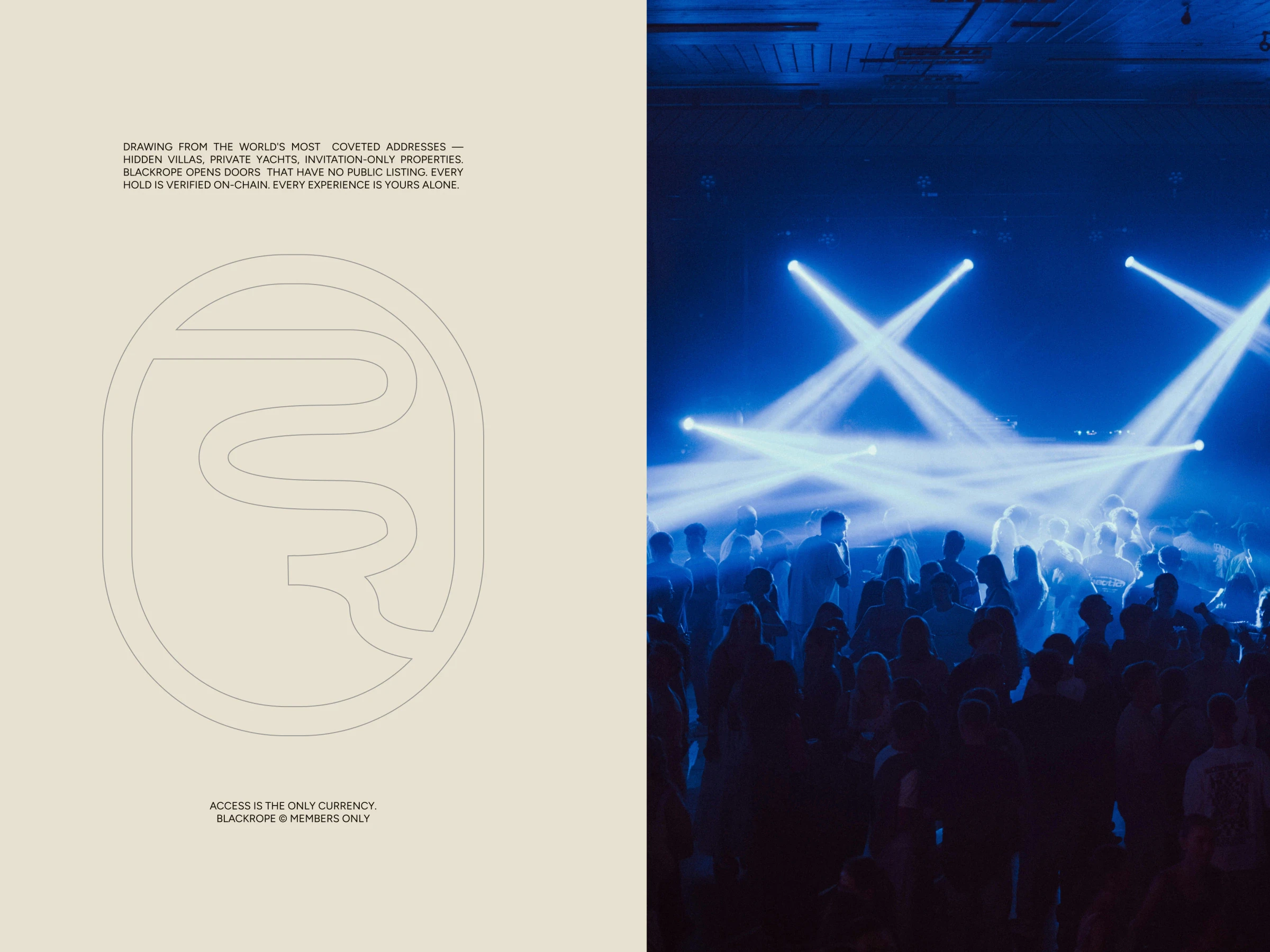 The rope mark in outline on cream beside a crowd under blue stage lights