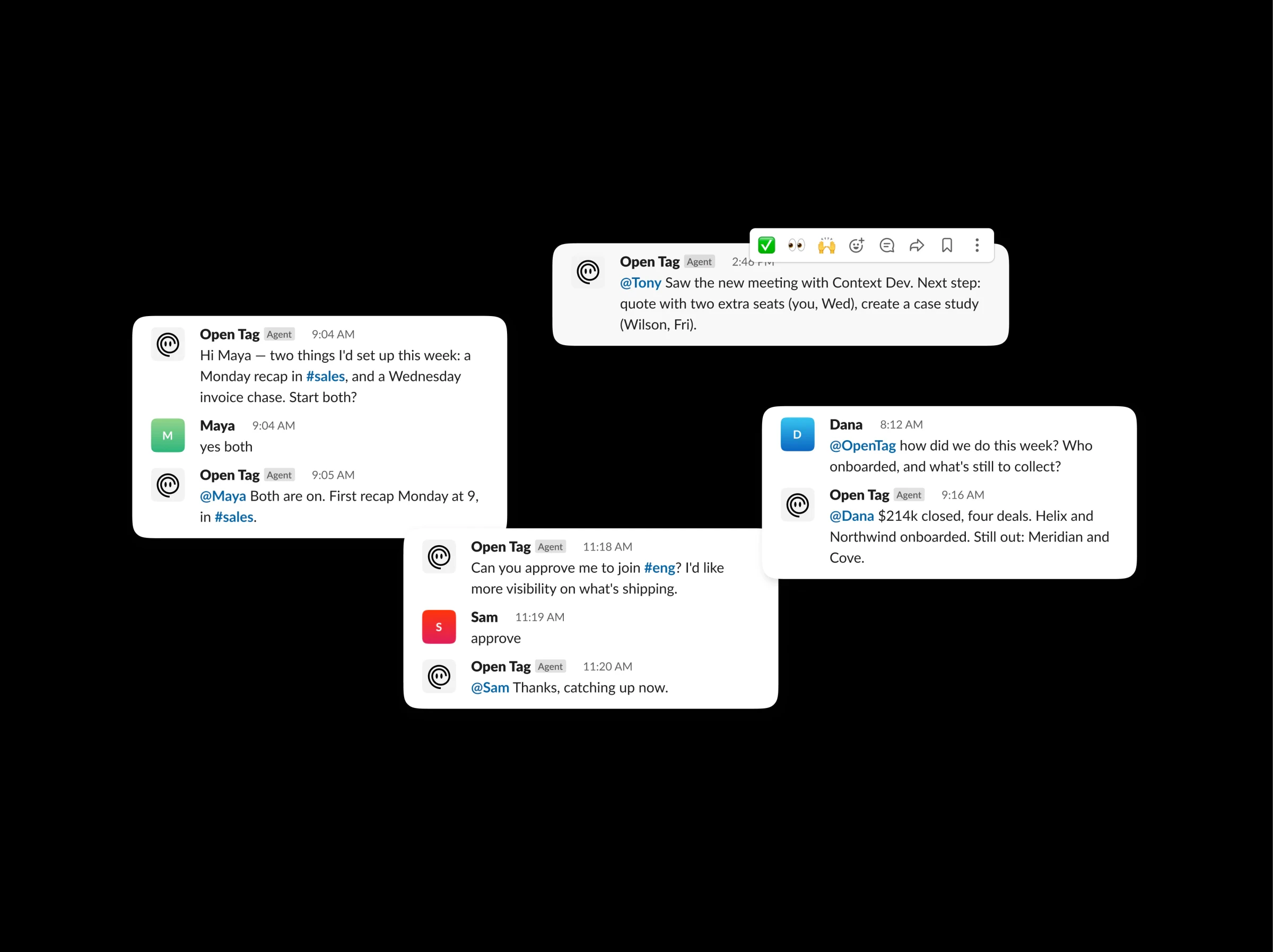 Opentag replying in Slack threads, scheduling meetings and answering teammates