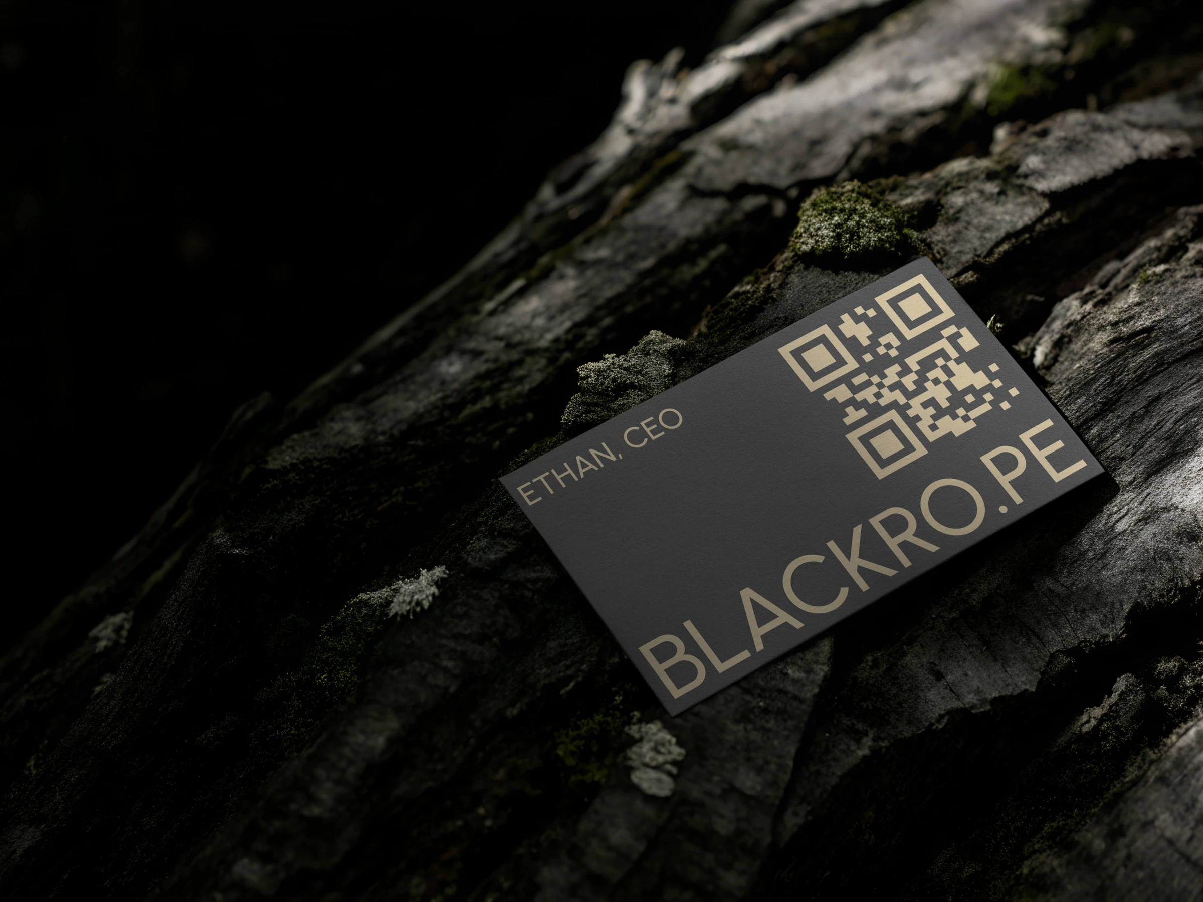 A dark Blackrope business card with a QR code lying on tree bark