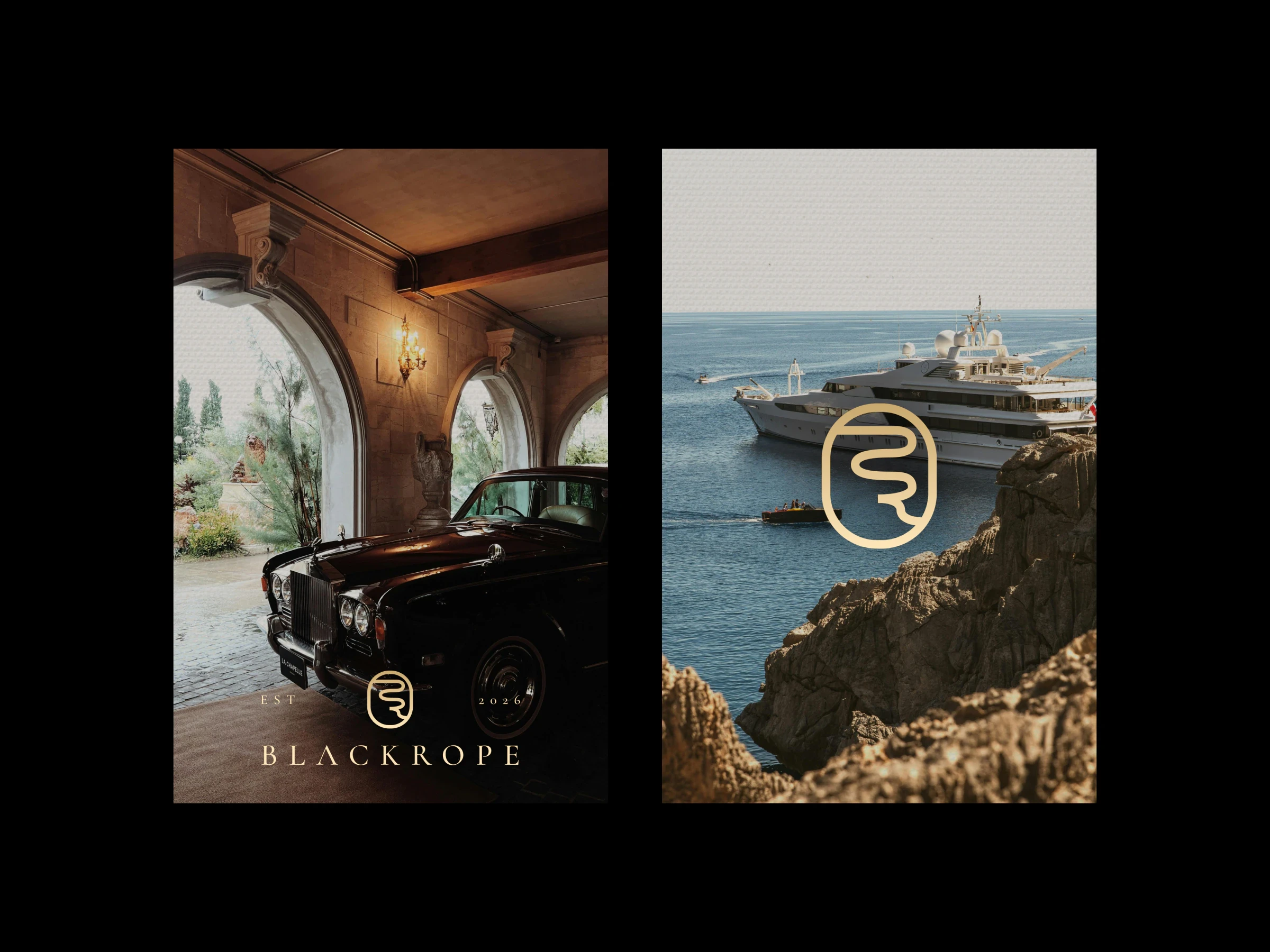 Posters: a vintage car under a stone archway and a superyacht off a rocky coast, each with the rope mark