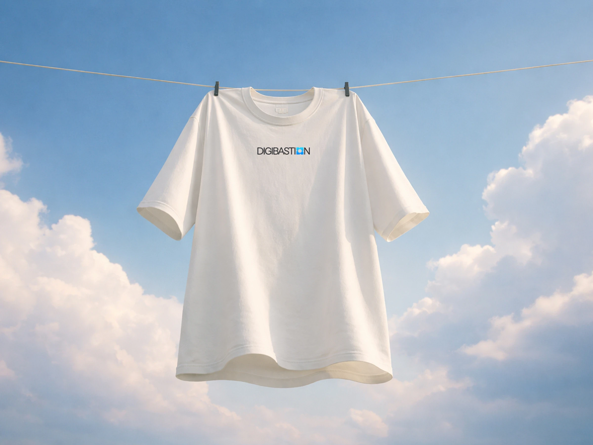 A white Digibastion T-shirt on a washing line against the sky