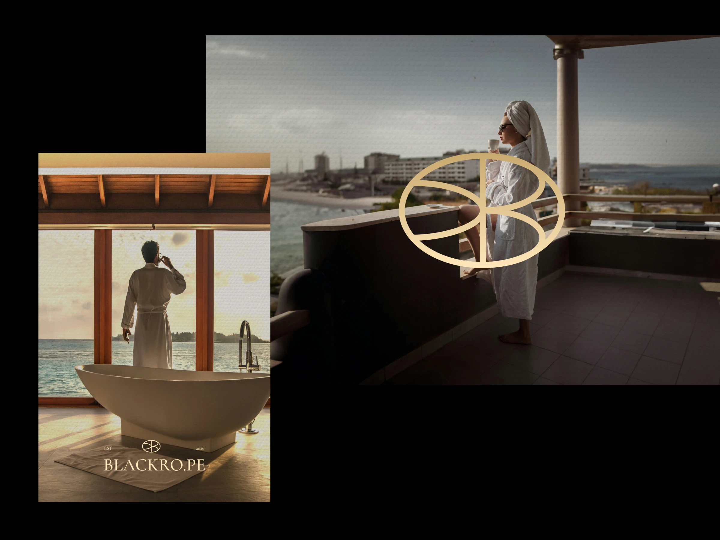 Posters with the gold seal over a hotel balcony and a man by a freestanding bath