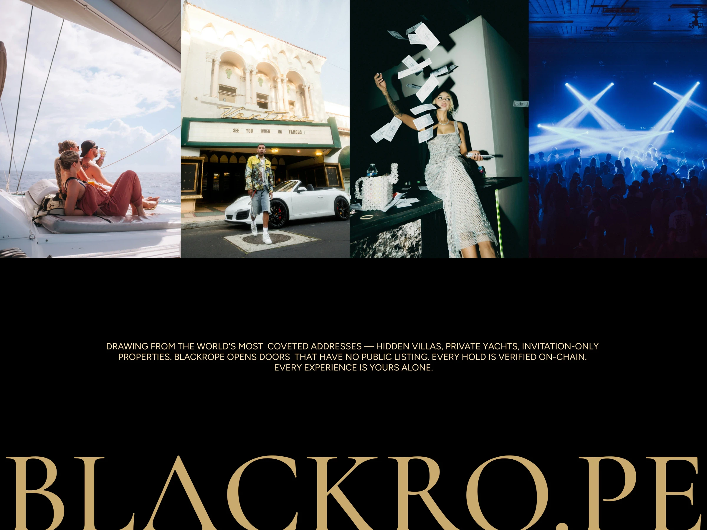 Event photography above the serif BLACKRO.PE wordmark in gold