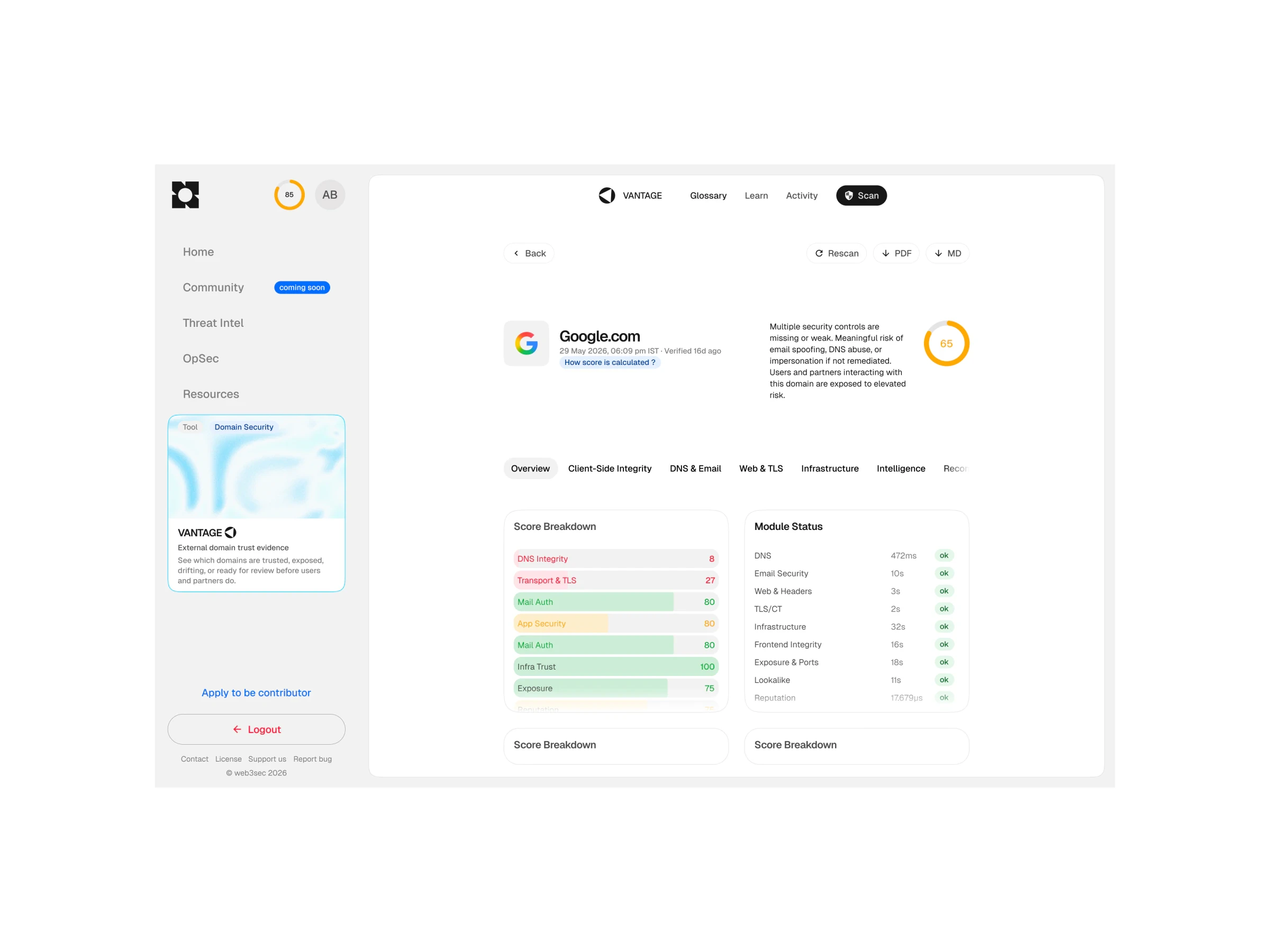 The Digibastion dashboard showing a security report for a website