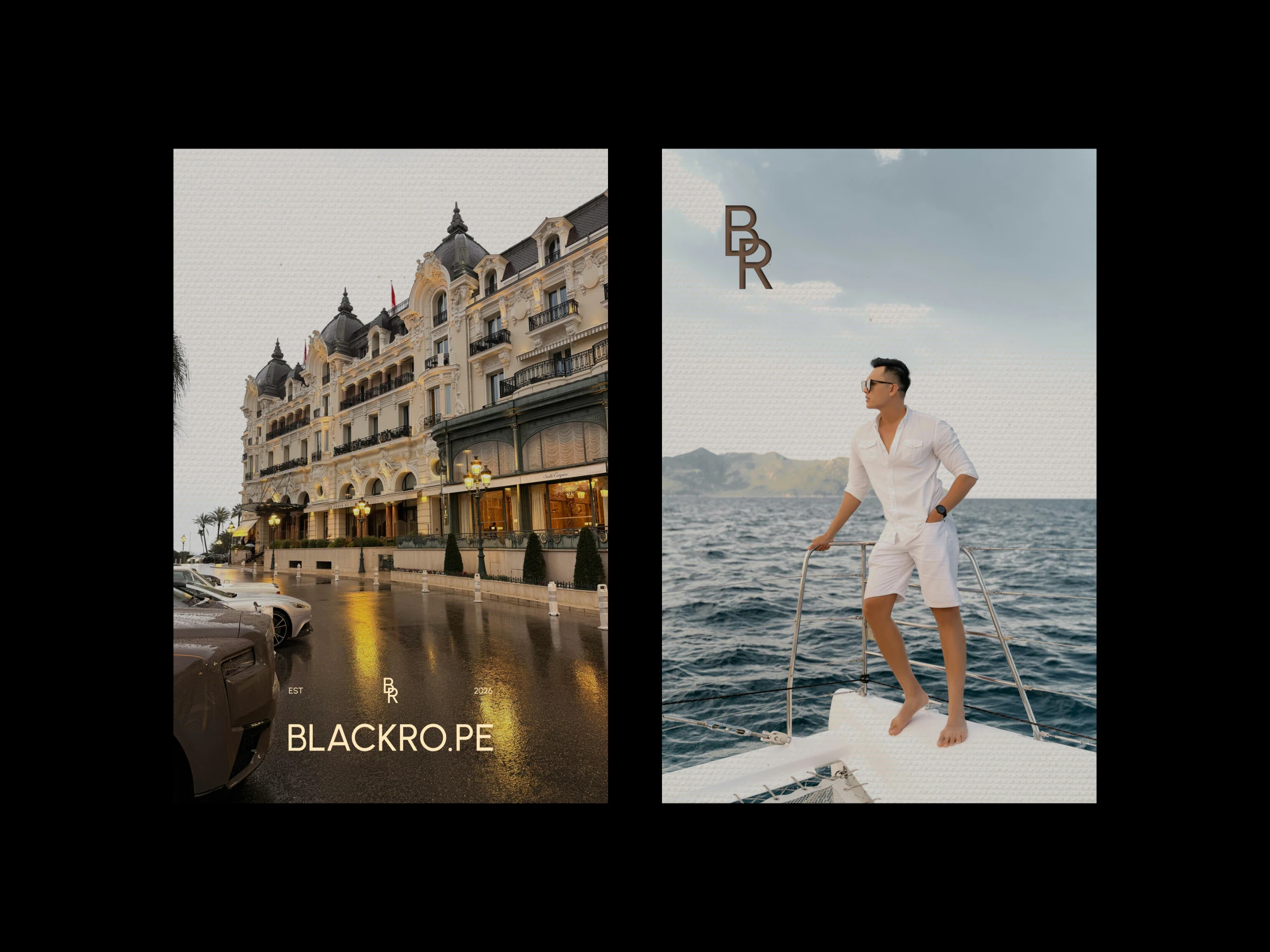 Posters: a grand hotel on a rainy evening and a man on the bow of a boat, each with the geometric monogram