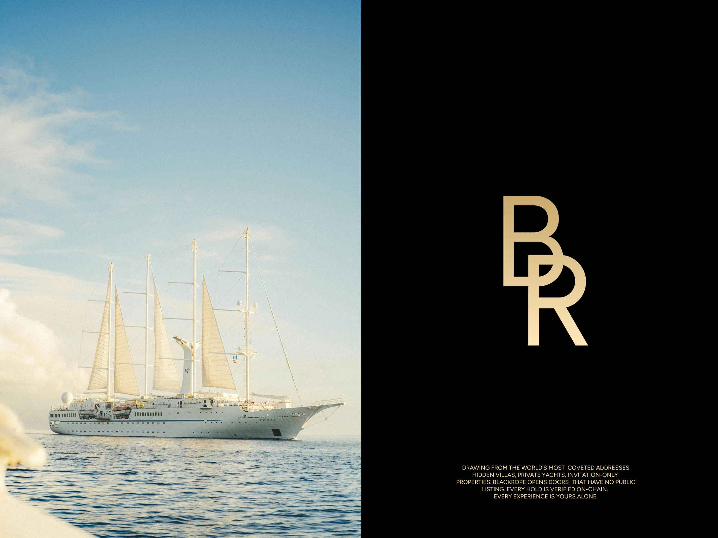 A tall ship under sail beside the gold geometric monogram on black