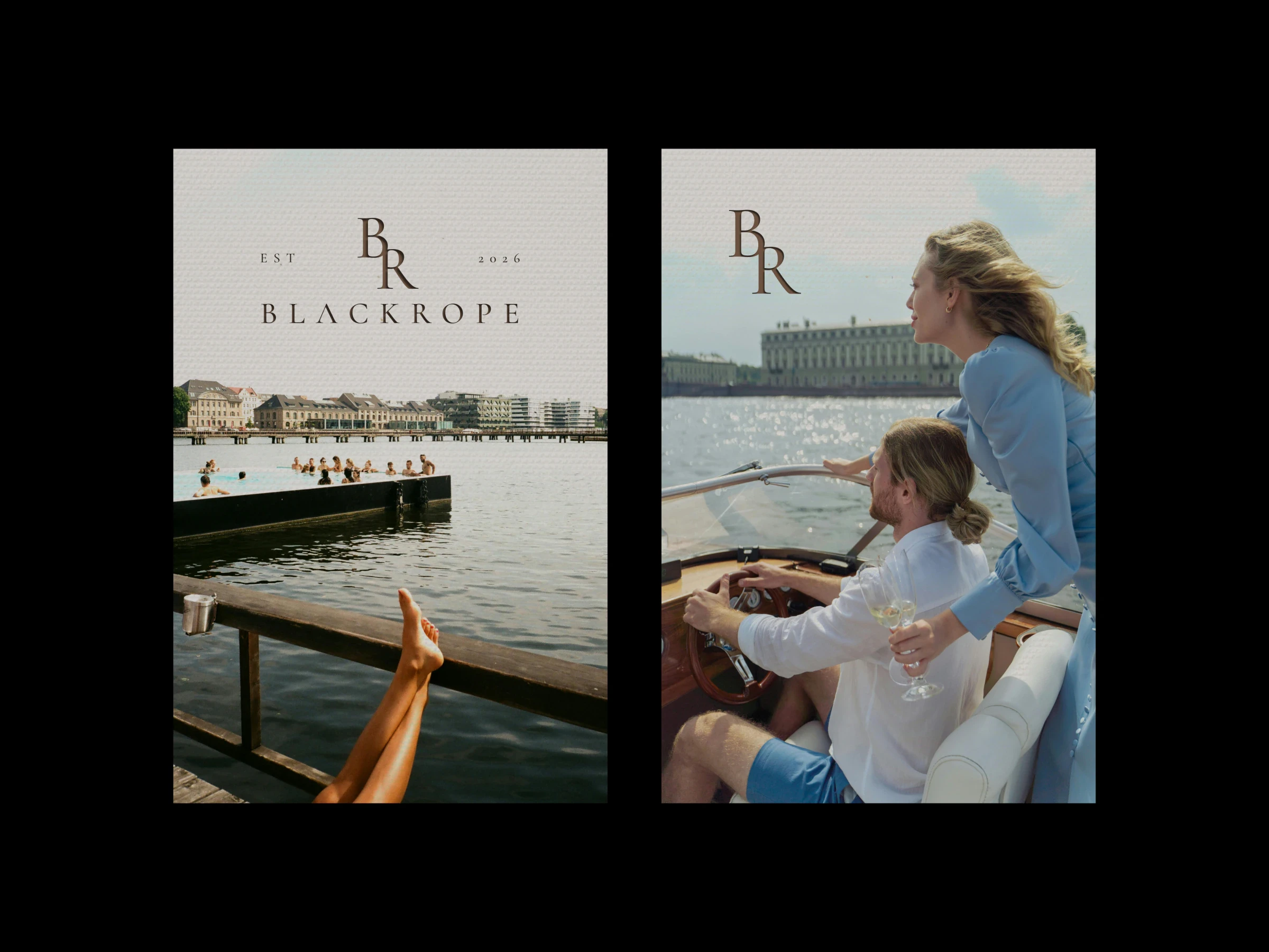 Posters with the serif monogram over a lake swim and a couple on a wooden speedboat