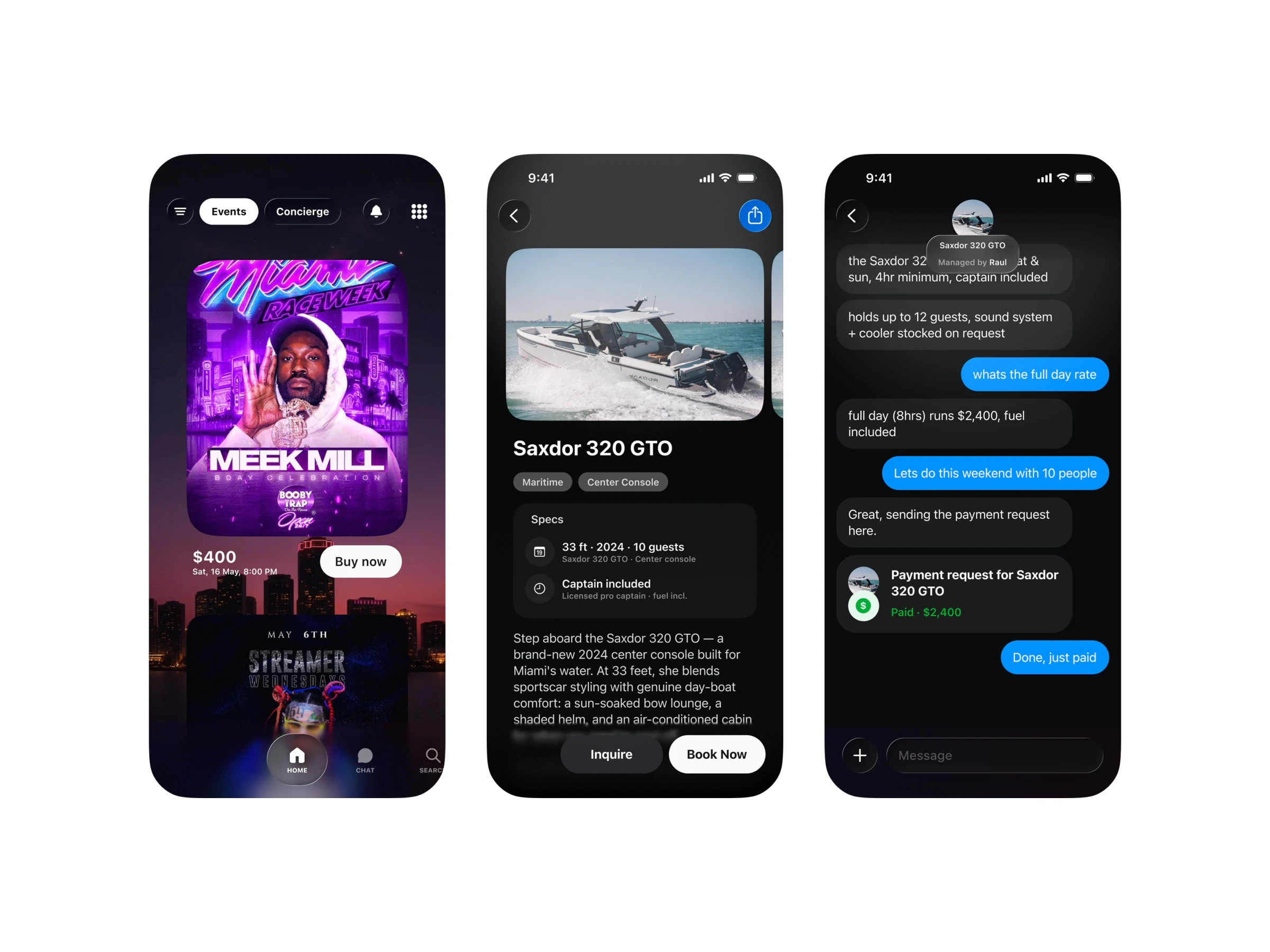 The Blackrope app: an event listing, a yacht booking and a chat with the concierge