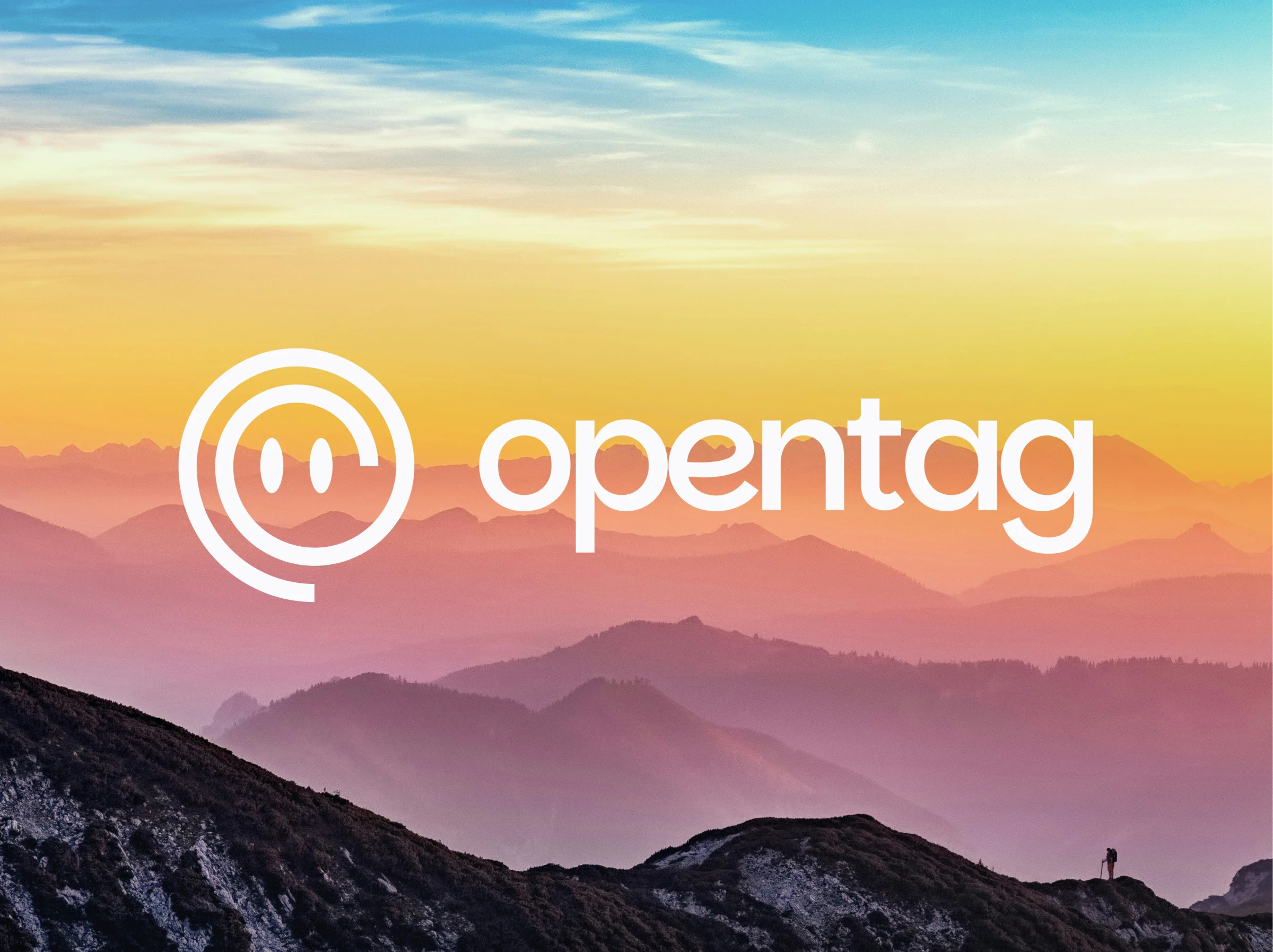 The Opentag logo, a smiling spiral and wordmark, in white over a sunset mountain range