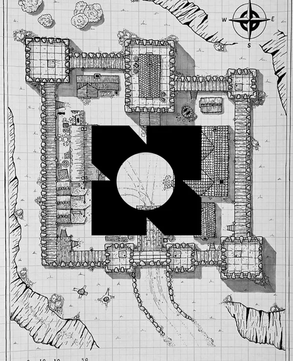 A hand-drawn fort plan on grid paper, the Digibastion mark laid over it in black